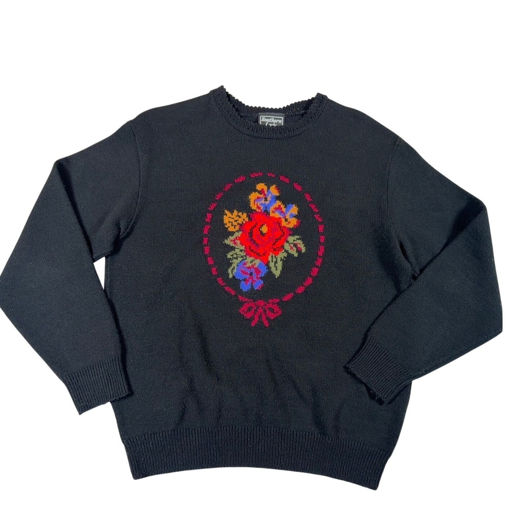 Vintage 90s Black Rose Floral Grannycore Cottagecore Knit Sweater Medium USA